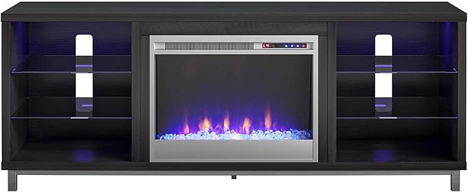 Ameriwood Home Lumina Fireplace TV Stand for TVs up to 70 Inch, Replaceable Electric Fireplace Insert Heater, Remote Control, Timer, Color Changing LED Lights, Crystal Ember Flames, Black Oak - LeafyLoom