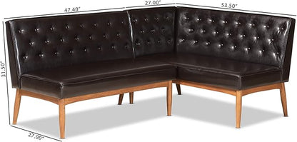 Baxton Studio Riordan Mid-Century Modern Dark Brown Faux Leather Upholstered and Walnut Brown Finished Wood 2-Piece Dining Nook Banquette Set - LeafyLoom