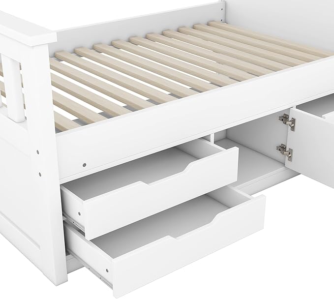 Merax Twin Size Bed Frames with Bookcase Headboard,Kids Wooden Platform Bed with 4 Drawers,White Captain Platform Bed with Storage Underneath - LeafyLoom