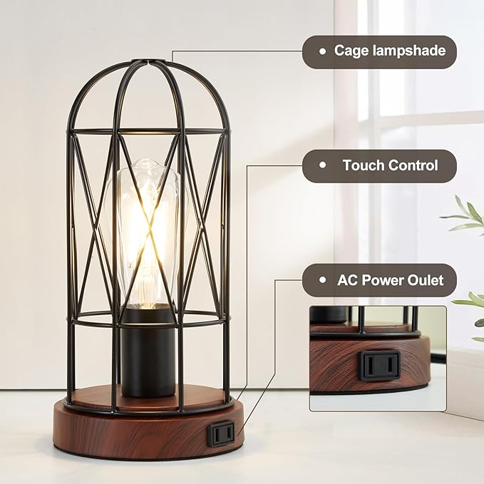 Vintage Rustic Desk Lamp Set of 2,Small Industrial Table Lamp 3 Way Dimmable Touch Control Edison Lamp with AC Outlet Bedside Lamp Metal Cage Steampunk Nightstand Lamp for Bedroom Living Room - LeafyLoom