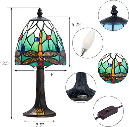 Stained Glass Dragonfly Design Table or Desk Light, Tiffany Style mini table Lamp-, LED Bulb Included-Vintage Look Colorful Accent Decor - LeafyLoom