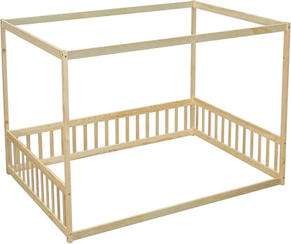 Full Size Canopy Bed Frame with Guardrails for Kids,Floor Bed Full with Four Poster Design,Kids Montessori Floor Bed,Wood Canopy Bed Frame for Girls,Boys(Full,Natural) - LeafyLoom