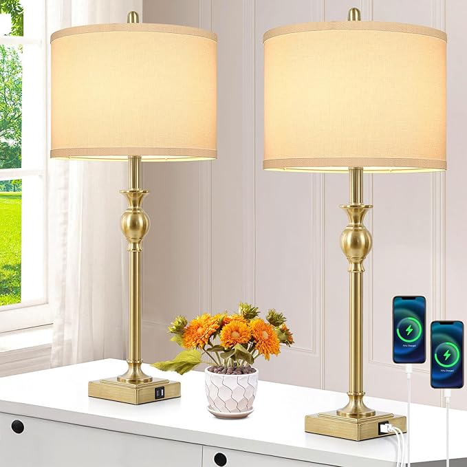 TOBUSA 28” Gold Table Lamps Set of 2, Tall Bedside lamps with Dual USB Charging Ports, Modern Nightstand Lamps with Square Brass Base and White Fabric Shade for Living Room, Bedroom(No E26 Bulbs) - LeafyLoom