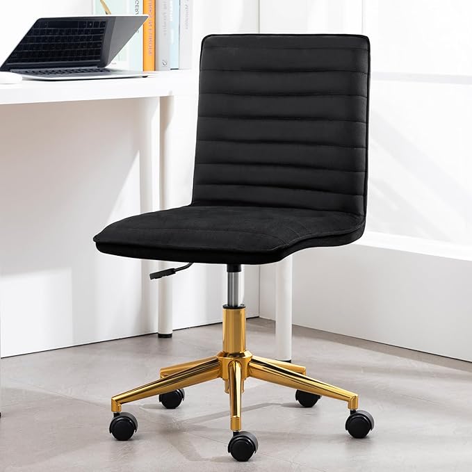 Furniliving Home Office Chair, Armless Vanity Chair with Wheels Swivel Velvet Computer Rolling Desk Chair with Back, Adjustable Accent Chair with Gold Metal Base Stool Chair,Black - LeafyLoom