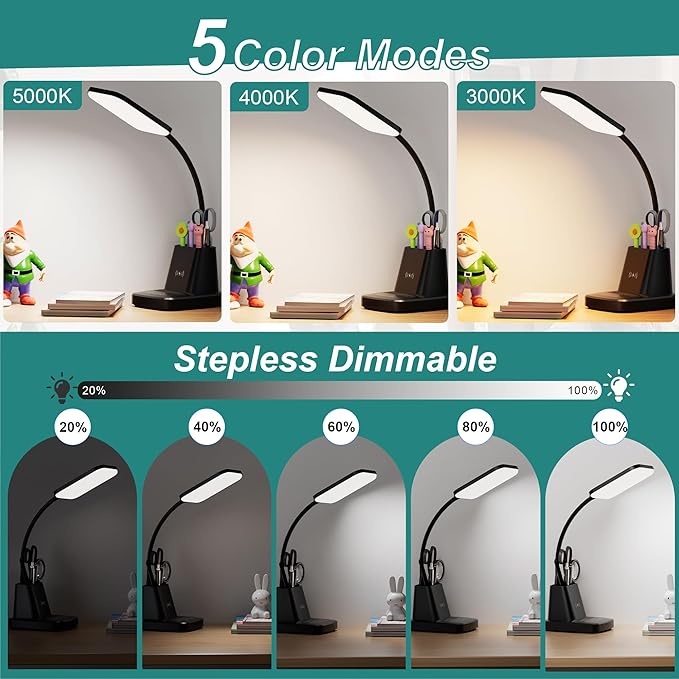 Cotanic LED Desk Lamps for Home Office with Wireless Charger, Stepless Dimmable, 3 Color Modes, Black Study Lamp for College Dorm Room, Touch Control, Pen Holder, CRI 90, 800 Lumen, Adapter Included - LeafyLoom