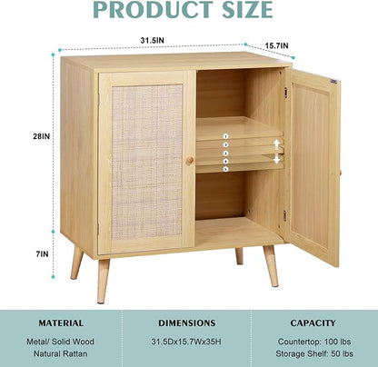 Sideboard Buffet Cabinet with Storage, Kitchen Storage Cabinet with Rattan Doors, Rattan Cabinet with Adjustable Shelves for Hallway, Living Room, 31.5 x 15.7 x 35 Natural, Assemble Easily - LeafyLoom