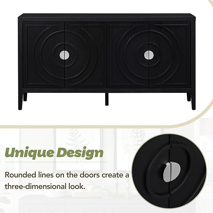 Retro Sideboard with Circular Groove Design Round Metal Door Handle,Wooden Buffet Cabinet,W/Adjustable Shelves & Open Countertop,for Entrance Living Dinning Room,Black, 60" - LeafyLoom