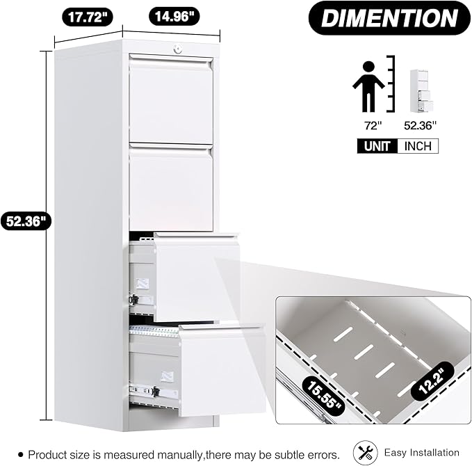 4 Drawer File Cabinet, Office Filing Cabinet with Lock/Drawer, Metal Vertical File Storage Cabinet for A4 Letter/Legal Size, 14.96" W x 17.72" D x 52.36" H, Assembly Required - LeafyLoom