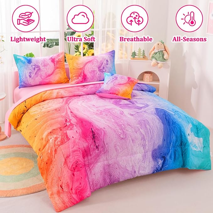 Girls Full Bedding Sets, 6 Pcs Pink Full Szie Comforter Set with Sheets, Watercolor Marble Abstract Art Superior Bedding Set for Girls Kids - LeafyLoom