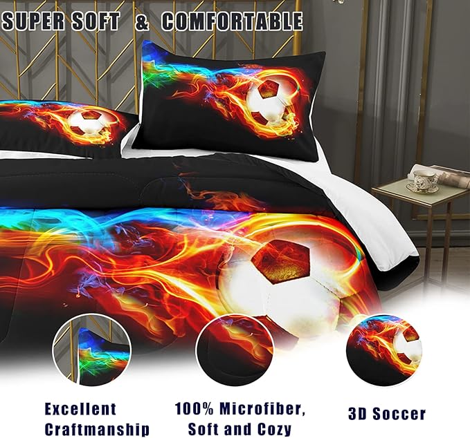 Bodhi Boys Comforter Set Full,Soccer Comforter Set Full Size,Fire Sports Comforter Set for Boys,Teen Football Bedding Set with Matching Pillowcases,Kids Bedding Set Full - LeafyLoom