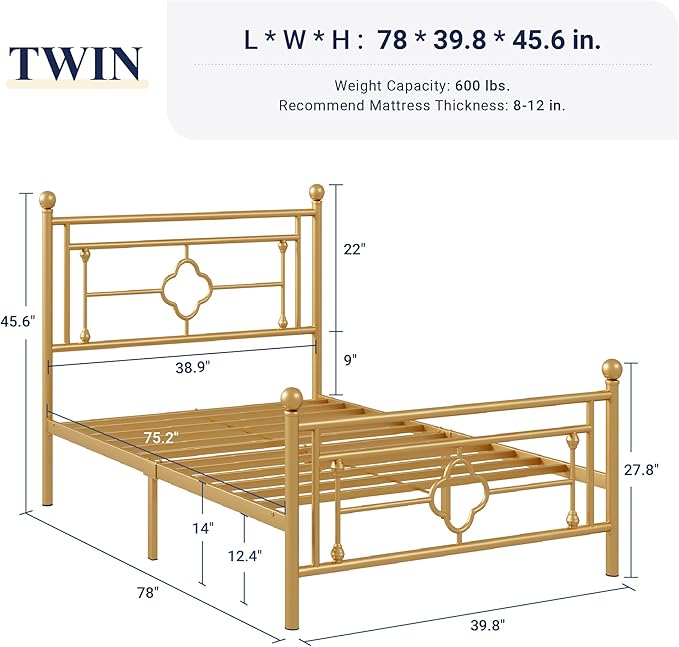 Allewie Twin Size Metal Platform Bed Frame with Victorian Vintage Headboard and Footboard/Mattress Foundation/Under Bed Storage/No Box Spring Needed/Noise-Free/Easy Assembly, Gold - LeafyLoom