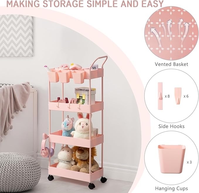 danpinera Slim Storage Cart, 4 Tier Bathroom Cart Organizer Narrow Laundry Cart with Wheels Dividers Hanging Cups Hooks Handle Makeup Lash Cart Shelf Organizer Rack Unit Easy Assembly, Pink - LeafyLoom