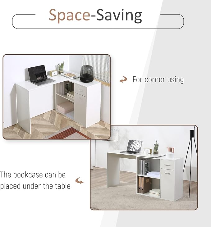 HOMCOM L Shaped Computer Desk, 180° Rotating Corner Desk with Storage Shelves, Drawer and Cabinet, Study Workstation for Home Office, White - LeafyLoom