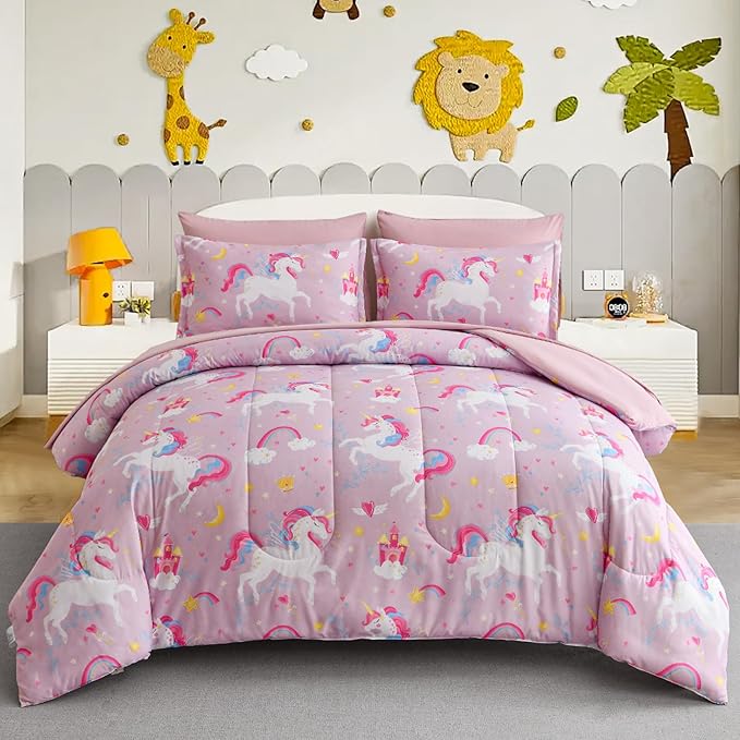 Queen Comforter Set for Girls, 7 Pieces Bed in a Bag with Shams, Sheet Set, Pink Unicorn Double Soft Microfiber Kids Comforter Bedding Set - LeafyLoom