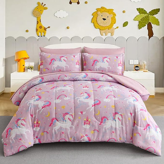 Kids Comforter Twin Bedding Sets for Girls, 6 Pieces Bed in a Bag with Shams, Sheet Set, Pink Unicorn Double Soft Microfiber Kids Comforter Bedding Set - LeafyLoom