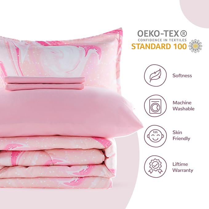 SLEEP ZONE Kids Bedding Comforter Set Full/Queen Size - 7 Pieces Super Cute & Soft Bedding Sets & Collections with Comforter, Sheet, Pillowcase & Sham - Fade Resistant Easy Care (Ice Cream Pink) - LeafyLoom