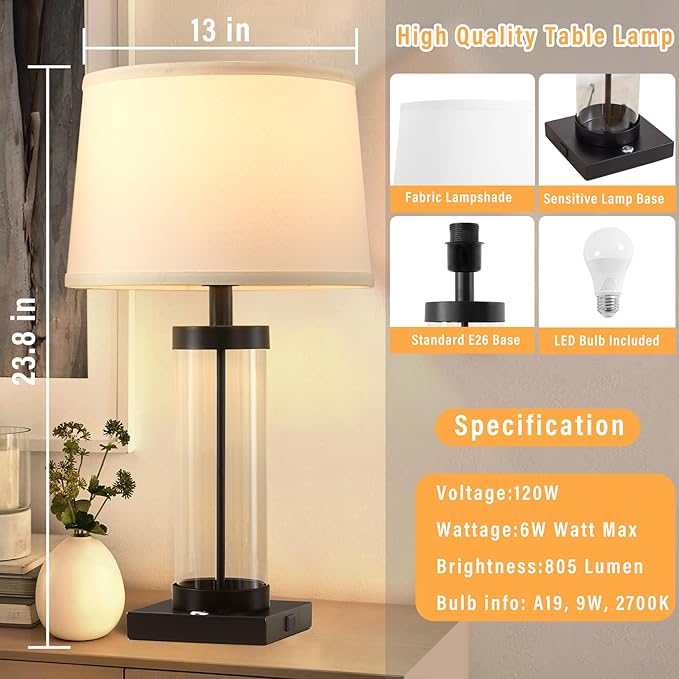 Nightstand Table Lamps for Bedrooms Set of 2 - 3 Way Dimmable Touch Bedside Lamps with USB C+A & Outlets, Black Living Room Lamps with Glass Body for End Tables, Modern Night Stand Lamps for Bedside - LeafyLoom