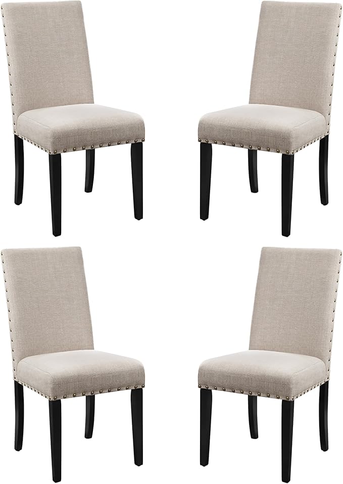 New Classic Furniture Crispin Dining Chair (Set of Four), 100% Polyester Natural Beige Fabric with Espresso Legs - LeafyLoom