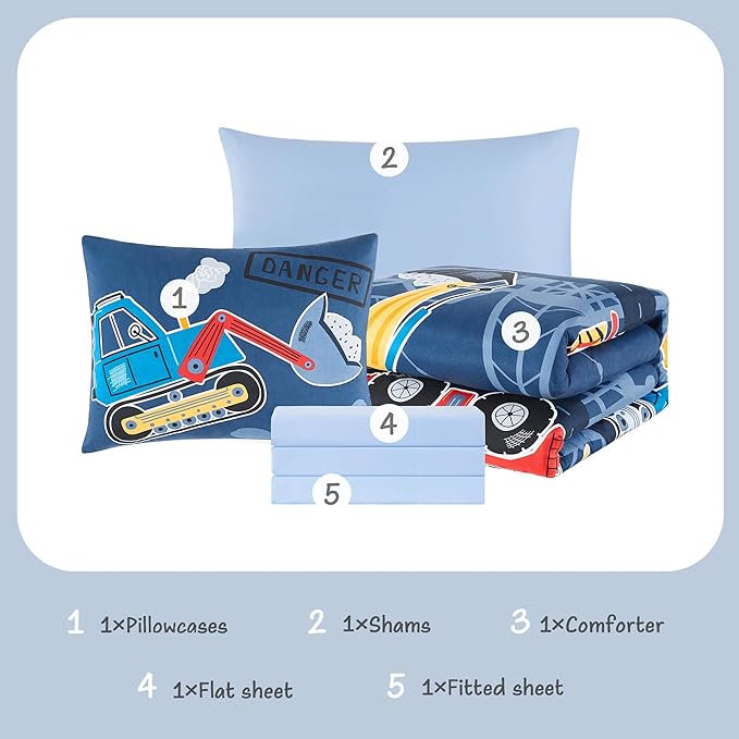 Truck Tractor Excavator Twin Comforter Set with Sheets - 5 Pieces Kids Twin Bedding Sets for Boys, Glow in The Dark Construction Trucks Twin Bed in a Bag for Kids, Teens - LeafyLoom