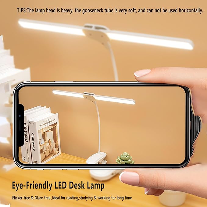 Dual Head LED Desk Lamp with Clamp, Eye-Caring Clip on Lights for Home Office, 4000mAh Rechargeable Battery Operated Table Lamps,3 Lighting Modes & Brightness Dimmer Light for Kids Students - LeafyLoom