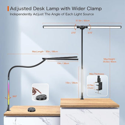 LED Desk Lamp with Clamp,Architect Desk Lamp for Home Office,24W Ultra Bright with RGB Atmosphere Lighting,Remote Control,5 Color Modes & 5 Dimmable Eye Protection for Monitor Studio Reading - LeafyLoom