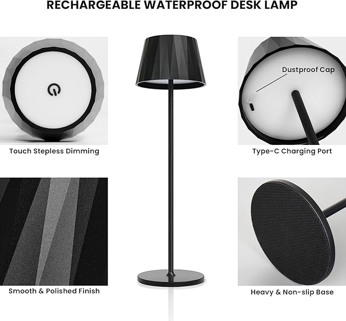 Modern LED Rechargeable Table Lamp,5200mAh Desk Lamp with Stepless Dimming, Touch Switch Cordless Waterproof Night Light for Bedroom Camping Restaurant Bar (Black, 3000K, Warm White) - LeafyLoom