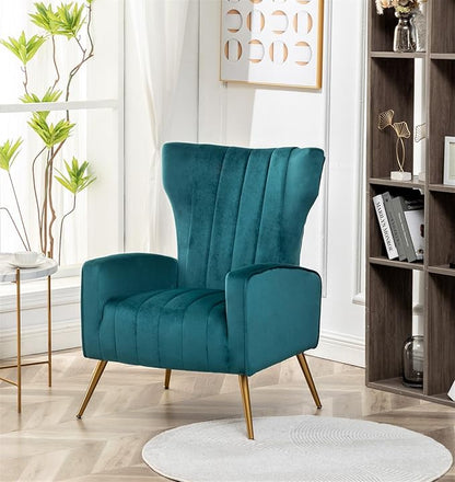 Armchair Modern Velvet Accent Chair, Channel Tufted Bedroom, Office or Living Room Furniture with Elegant Metal Legs, Blueish Green - LeafyLoom