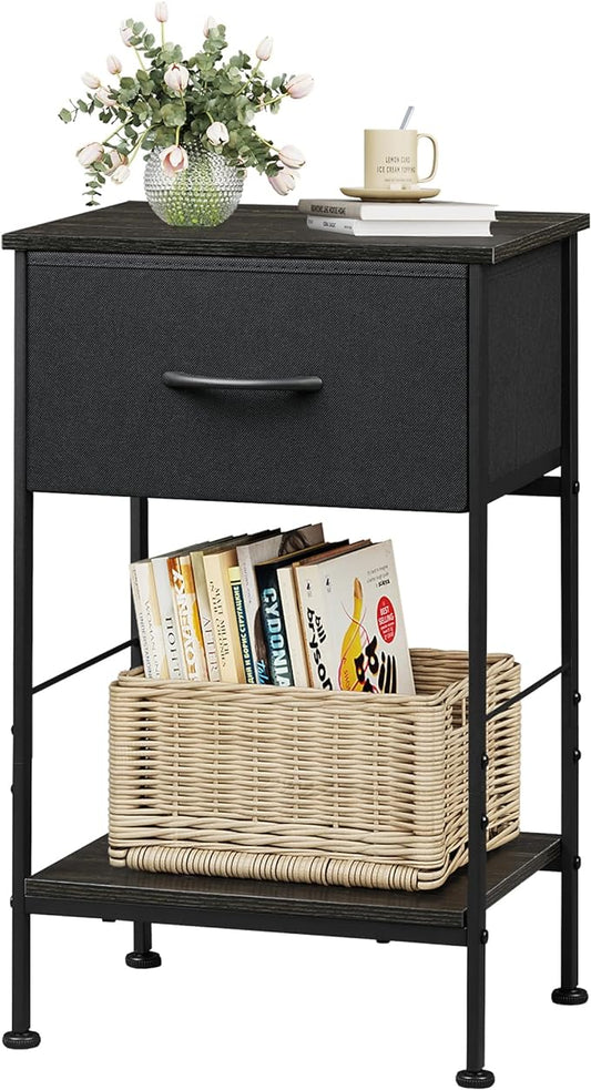 WLIVE Black Nightstand, Bedside Table with Fabric Storage Drawer, Open Wood Shelf, Bed Side Table, Night Stand for Bedroom Furniture, End Table for Living Room, Dorm, Entryway, 24.9" Height - LeafyLoom