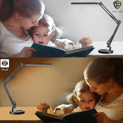 LED Desk Lamp with Clamp and Round Base, Swing Arm Eye Caring Table Lamp, 3 Color Modes 10 Brightness Levels, Memory Function Lamp with USB Adapter, Desk Light for Home Office 14W Black - LeafyLoom