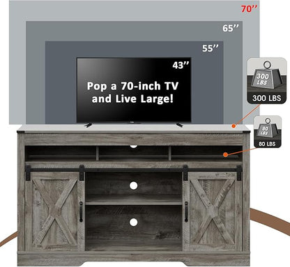 Farmhouse TV Stand with Sliding Barn Door for TVs up to 65+ Inch, 34" Tall Entertainment Center, Wood Media Console Storage Cabinet for Bedroom, Living Room, Light Grey - LeafyLoom