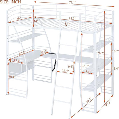 RITSU Twin Size Loft Bed with Storage 4 Layers Shelves and L-Shaped Desk, Strong Metal Bedframe, USB Ports Sockets and Wireless Charging, for Children's Room, Teens, White - LeafyLoom