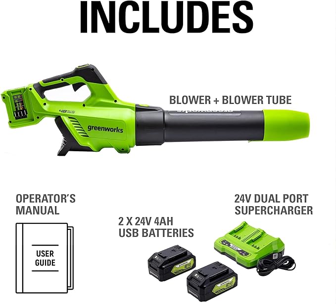 Greenworks 48V (2 x 24V) Cordless Brushless Axial Leaf Blower (140 MPH / 585 CFM / 125+ Compatible Tools), (2) 4.0Ah Batteries and Dual Port Rapid Charger Included - LeafyLoom