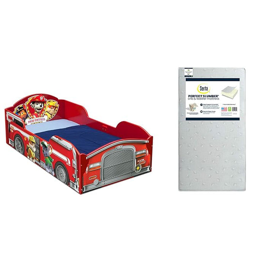 Delta Children Wood Toddler Bed, Nick Jr. PAW Patrol + Serta Perfect Slumber Dual Sided Recycled Fiber Core Toddler Mattress (Bundle) - LeafyLoom