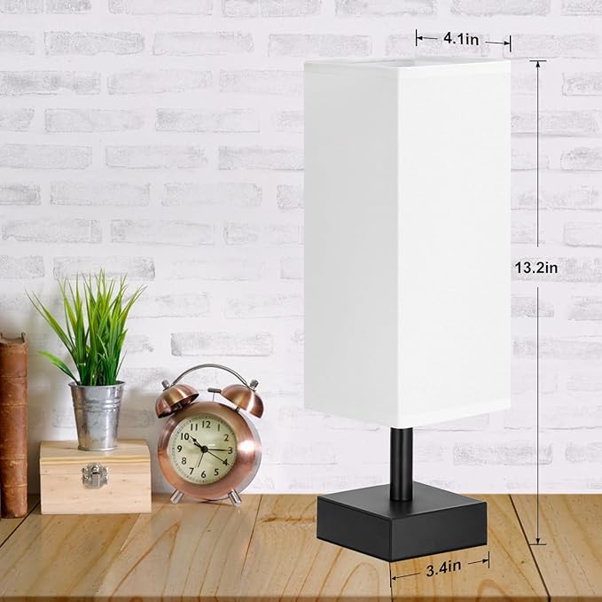 White Small Bedside Lamp for Bedroom - Table Lamps for Nightstand, Minimalist Night Stand Lamp with Square Linen Shade, Desk Reading Lamp for Kids Room Living Room Office with Black Base - LeafyLoom