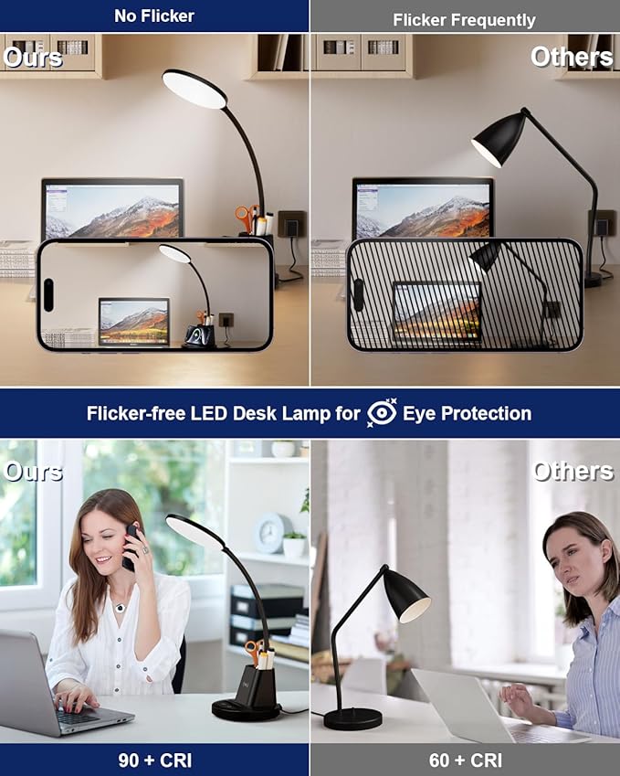 hansang LED Desk Lamp for Home Office with Wireless Charger, 3 Color Modes, Stepless Dimmable, Touch Control Black Study Lamp with Pen Holder for College Dorm Room, CRI 90, 800 Lumen, Adapter Included - LeafyLoom