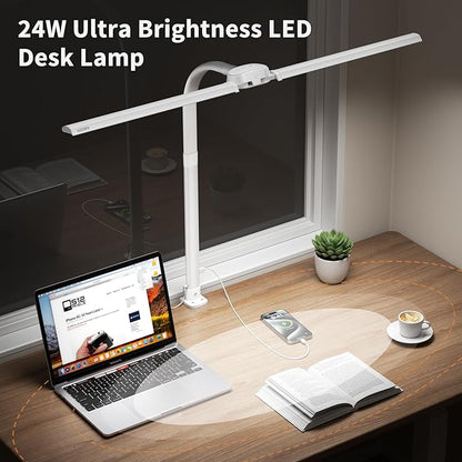 Led Desk Lamp with USB Charging Port Architect Task Dual Lamps for Home Office with Atmosphere Lighting, 24W Ultra Bright Modern Flexible Gooseneck Tall Table Light 5 Color Modes for Drafting Reading - LeafyLoom