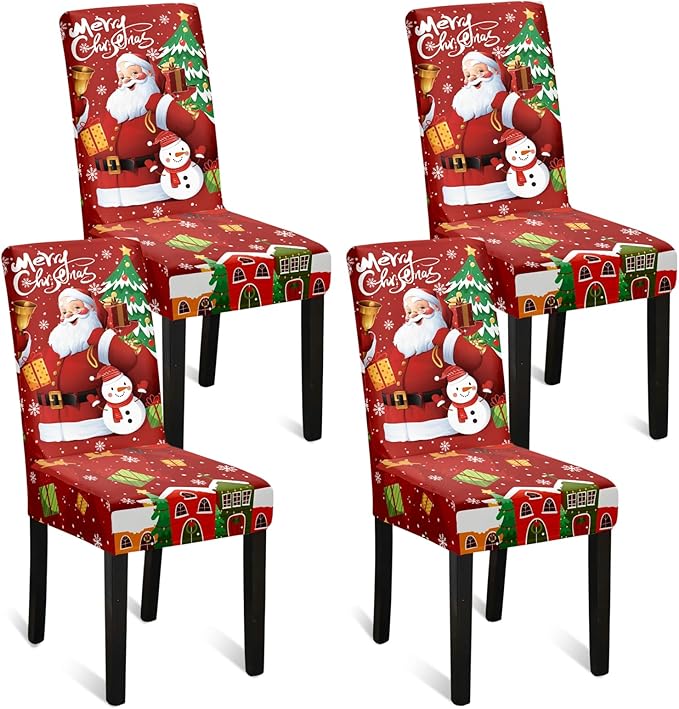 U'Artlines Christmas Chair Covers Set of 4, Removable Washable Merry Christmas Dining Chair Seat Covers Stretch Protector Slipcovers for Dining Room Kitchen Holiday Party Decor, Santa Claus UArtlines