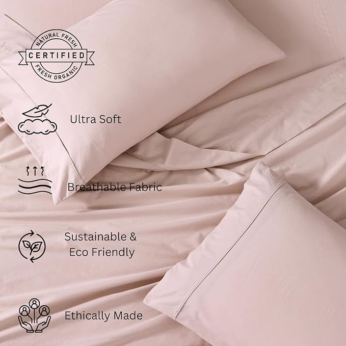 LANE LINEN 100% Organic Cotton California King Sheets Set, 4-Piece Pure Organic Cotton Long Staple Percale Weave Soft Bedding Sheets for Bed, Breathable, Fits Mattress Upto 15" Deep - Sepia Rose - LeafyLoom