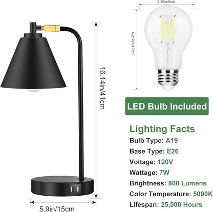 Industrial 3 Way Dimmable Touch Control Desk Lamp with 2 USB Ports & AC Outlet Bedside Nightstand Reading Lamp Flexible Head Farmhouse Black Table Lamp for Office Bedroom Living Room Bulb Included - LeafyLoom