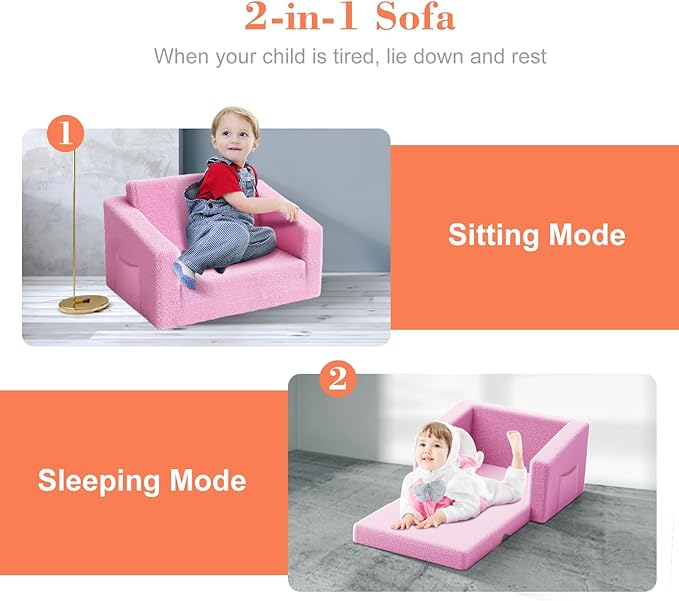 Kids Couch,2-in-1 Toddler Chairs for Girl,Kids Sofa with Storage,Comfortable Kids Sofa Bed,Fun Kids Lounge Chair,Toddler Furniture,Kids Playroom,Children'S Gifts (Pink) - LeafyLoom