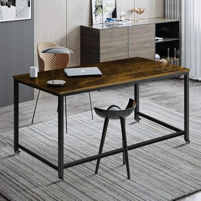 Computer Desk Writing Table Workstation with Durable Scratch-resistant Laminate Surface and Metal Frame, Brown - LeafyLoom