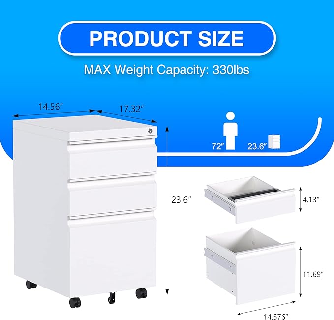 Mobile File Cabinet Under Desk, 3 Drawers Metal File Cabinet with Wheels, Rolling Filing Cabinets with Lock for Home Office Letter/Legal/A4 - LeafyLoom