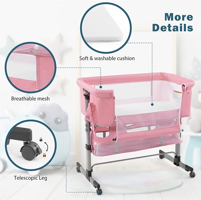 Baby Crib,3 in 1 Bedside Crib Adjustable Portable Bed for Infant,Baby Bassinet Baby Newborn Must Have Bed,Pink - LeafyLoom