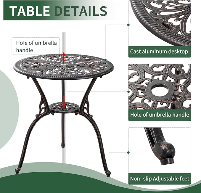 Outdoor Bistro Set 3 Piece Patio Bistro Set with Umbrella Hole, Weather Resistant Bistro Table and Chairs Set of 2 for Porch Garden, Bronze - LeafyLoom