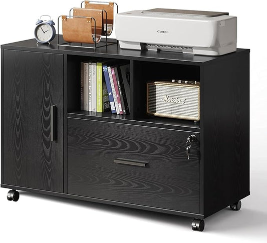 DEVAISE Office File Cabinet with Lock, 1-Drawer Wood Lateral Filing Cabinet on Wheels, Printer Stand with Open Storage Shelves for Home Office, Black - LeafyLoom