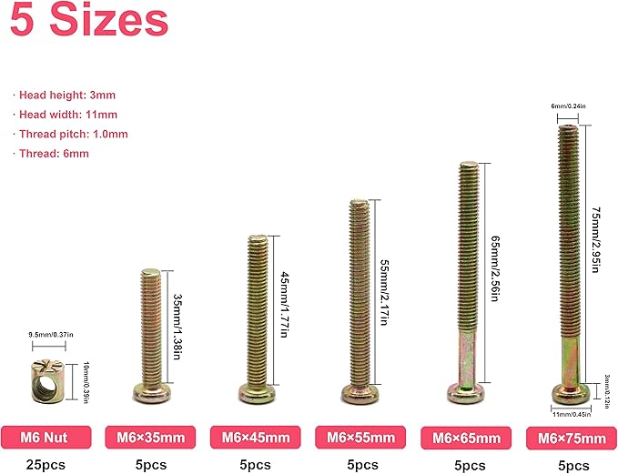 Simmons Crib Parts Hardware Replacement Kit, cSeao 25-Set Hex Socket Cap Bolts Barrel Nuts Assortment Kit for Bunk Beds Cot Chairs Furniture Assembling, M6x35mm/ 45mm/ 55mm/ 65mm/ 75mm - LeafyLoom
