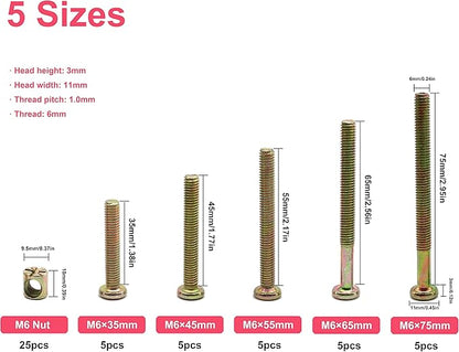 Simmons Crib Parts Hardware Replacement Kit, cSeao 25-Set Hex Socket Cap Bolts Barrel Nuts Assortment Kit for Bunk Beds Cot Chairs Furniture Assembling, M6x35mm/ 45mm/ 55mm/ 65mm/ 75mm - LeafyLoom