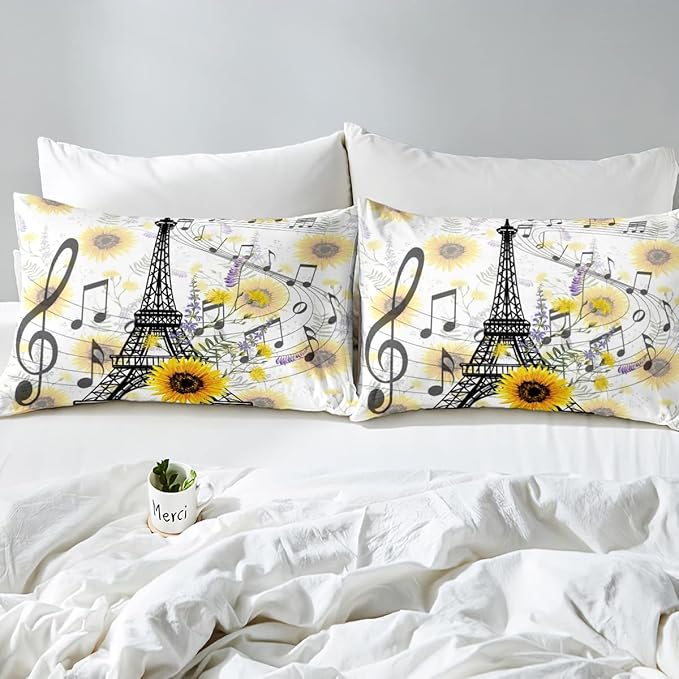 Eiffel Tower Kids Comforter Set Cute Sunflower Bed Sheet Set for Boys Children Teens Bedroom Decor Paris Tower Bedding Set Set Floral Music Themed Bed Cover Full Size with 3 Pillow Case - LeafyLoom