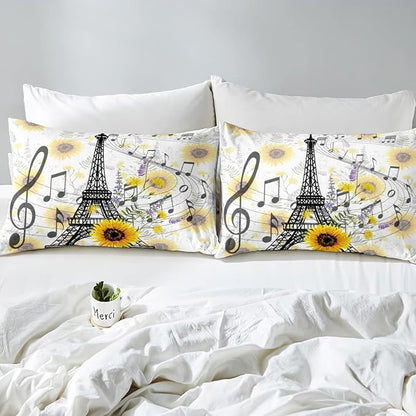 Feelyou Eiffel Tower Kids Comforter Set Cute Sunflower Bed Sheet Set for Boys Children Teens Bedroom Decor Paris Tower Bedding Set Set Floral Music Themed Bed Cover Twin Size with 1 Pillow Case - LeafyLoom