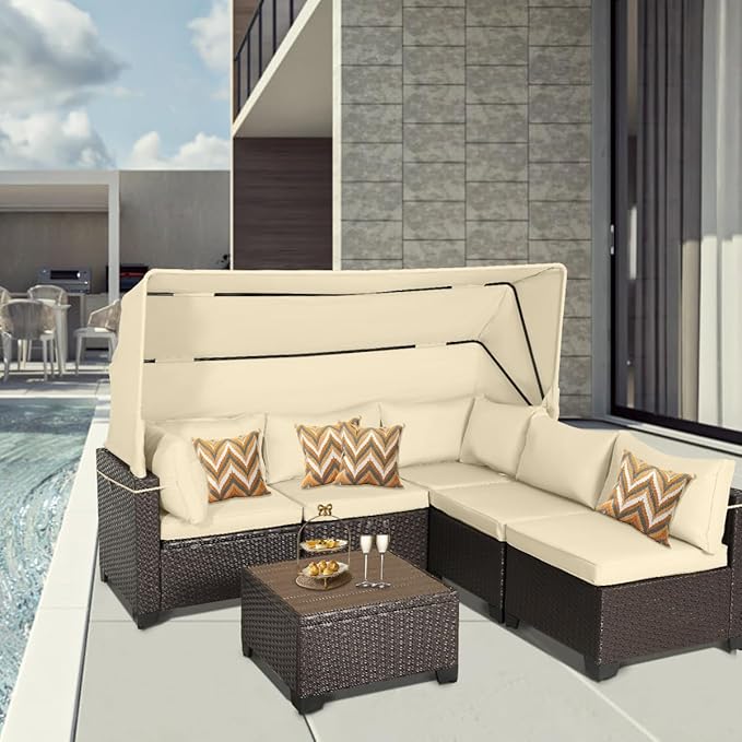 6 PCS Outdoor Patio Furniture Set,Sectional Sofa Set,Rattan Daybed with Retractable Canopy,Adjustable Backrest,Storage Coffee Table,Chaise Chair Sunbed for Porch Garden Poolside Backyard(Beige) - LeafyLoom